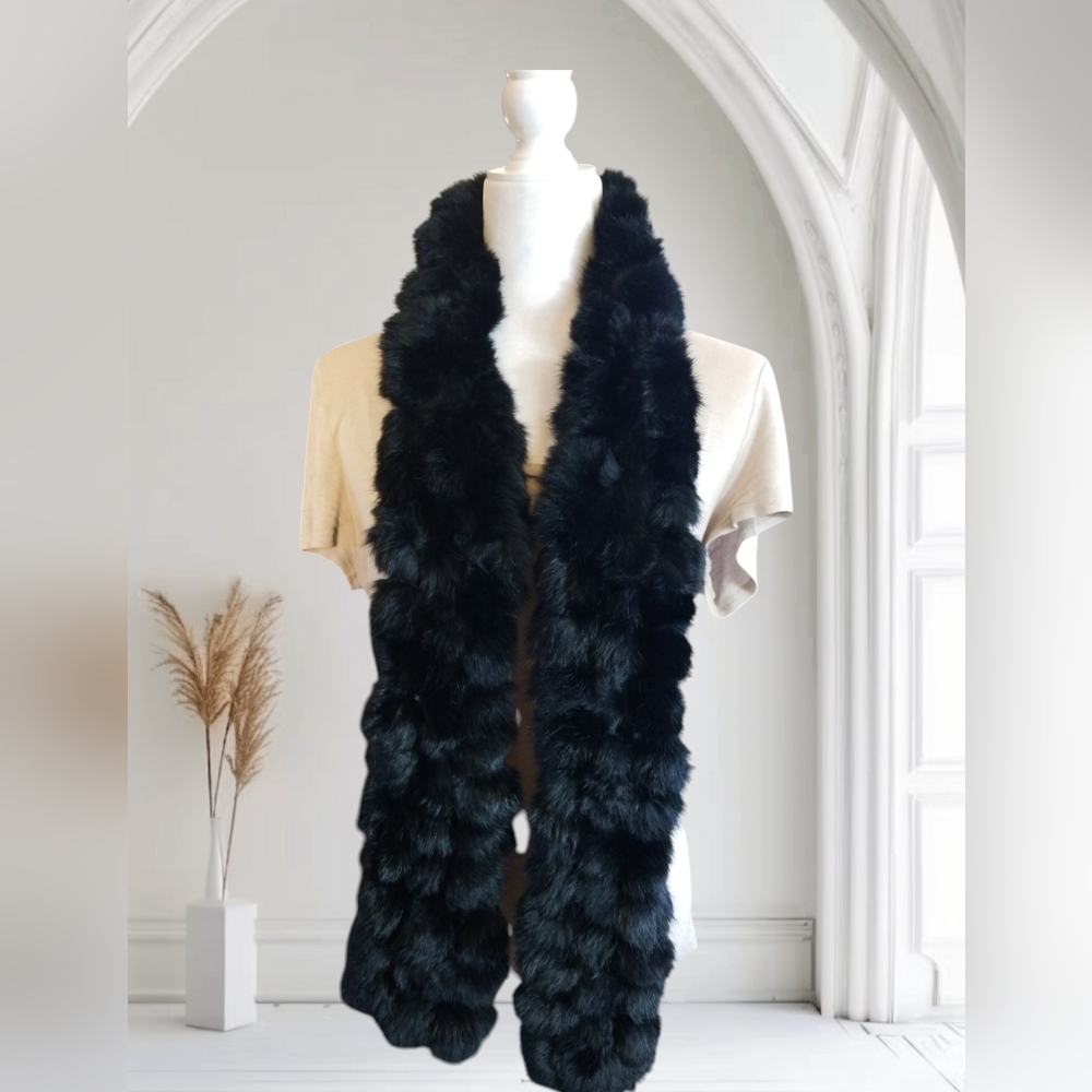 NEW! Genuine Rabbit Fur Black & Intertwined Scarf New with Tags